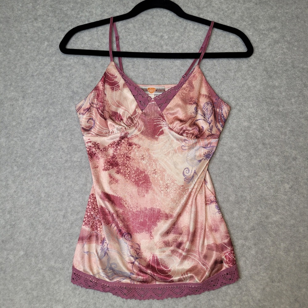 Vintage Pink Purple Floral Satin Camisole Top Lace Trim Small Babydoll Y2K